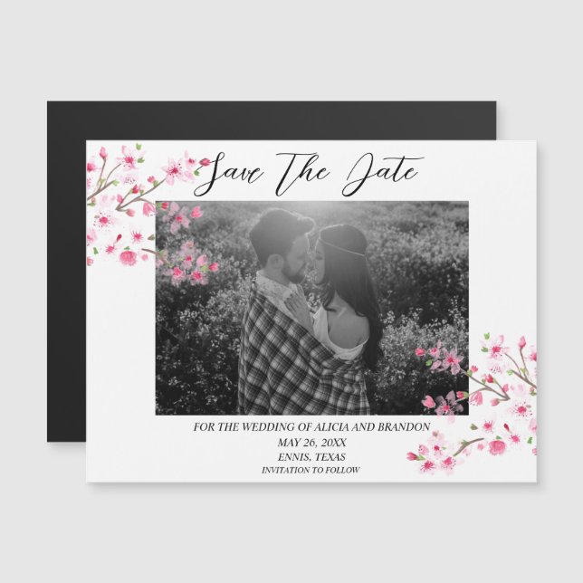 Cherry Blossom Photo Wedding Spring Script Magnet (Front/Back)