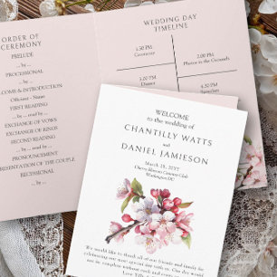 Cherry Blossom Pink and White Wedding Program Invitation