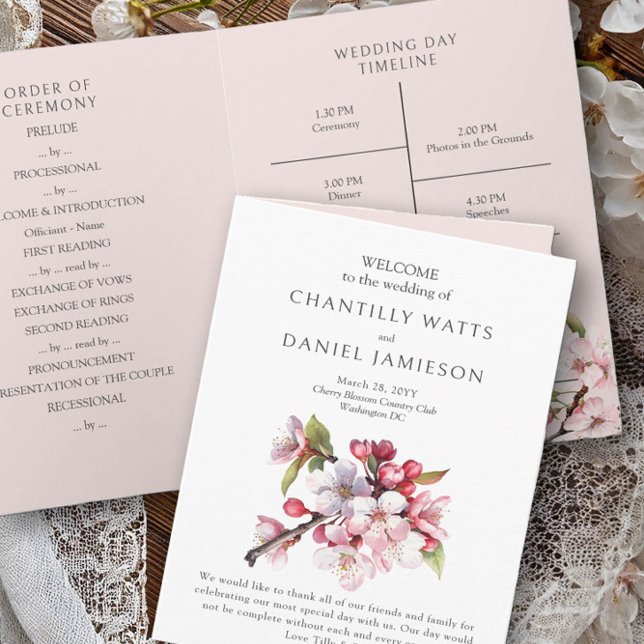 Cherry Blossom Pink and White Wedding Program Invitation (Folded Wedding Program Card from the Cherry Blossom Wedding Collection by Darling & May)