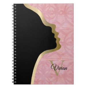 Cherry Blossom Pink Batik Black And Gold Face Name Notebook