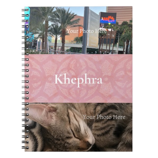 Cherry Blossom Pink Batik Name and Photo Collage Notebook (Front)