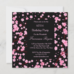 Cherry Blossom Pink Black 60th Birthday Party  Invitation