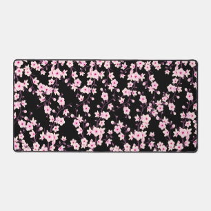 Cherry Blossom Pink Black Floral Desk Mat