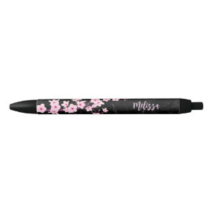 Cherry Blossom Pink Black Marble Monogram Black Ink Pen