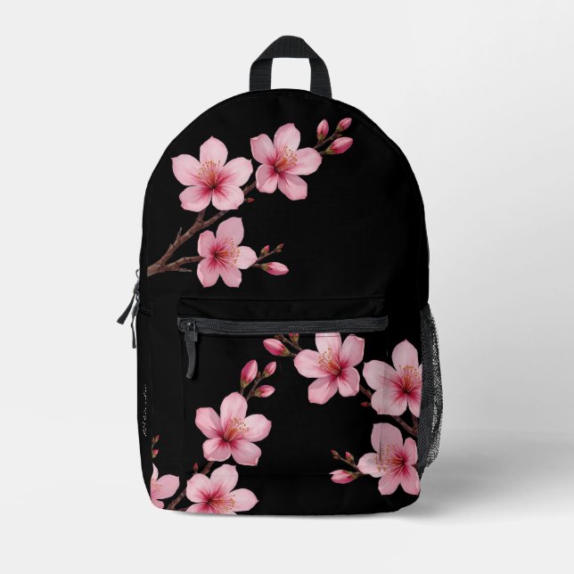 Cherry Blossom Pink Black Monogram Printed Backpack (Front)