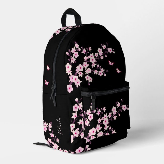 Cherry Blossom Pink Black Monogram Printed Backpack (Back Corner Left)