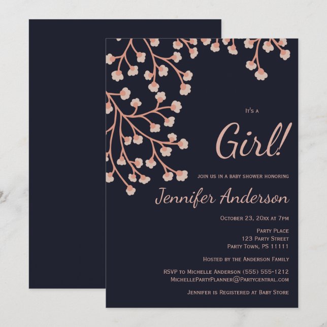 Cherry Blossom Pink Blue Girl Baby Shower Invitation (Front/Back)