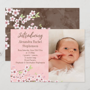 Cherry Blossom Pink & Brown Baby Girl Photo Birth Announcement