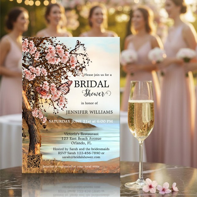 Cherry Blossom Pink Butterfly Bridal Shower Invitation (Original bridal shower invitation featuring pink butterflies on a blossoming cherry tree at a lake)