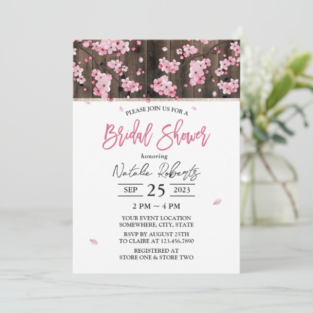 Cherry Blossom Pink Floral Bridal Shower Invitation (Standing Front)