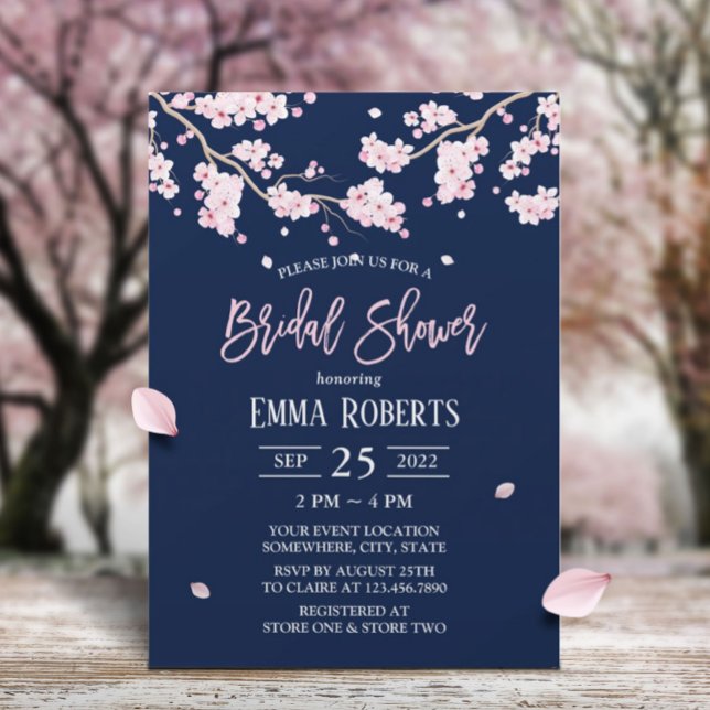 Cherry Blossom Pink Floral Navy Bridal Shower Invitation (Creator Uploaded)