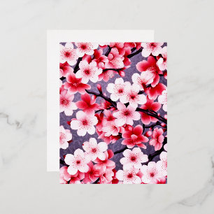 cherry blossom pink floral pattern foil holiday postcard