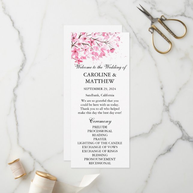 Cherry Blossom Pink Floral Watercolor Wedding  Programme (Front/Back In Situ)