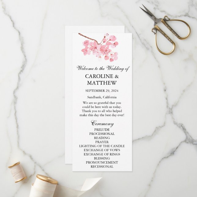 Cherry Blossom Pink Floral Watercolor Wedding  Programme (Front/Back In Situ)