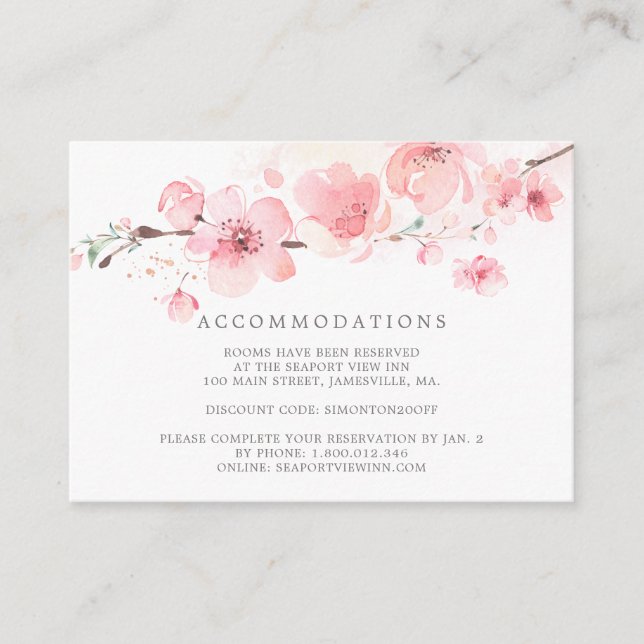 Cherry Blossom Pink Floral Wedding Accommodation Enclosure Card (Front)