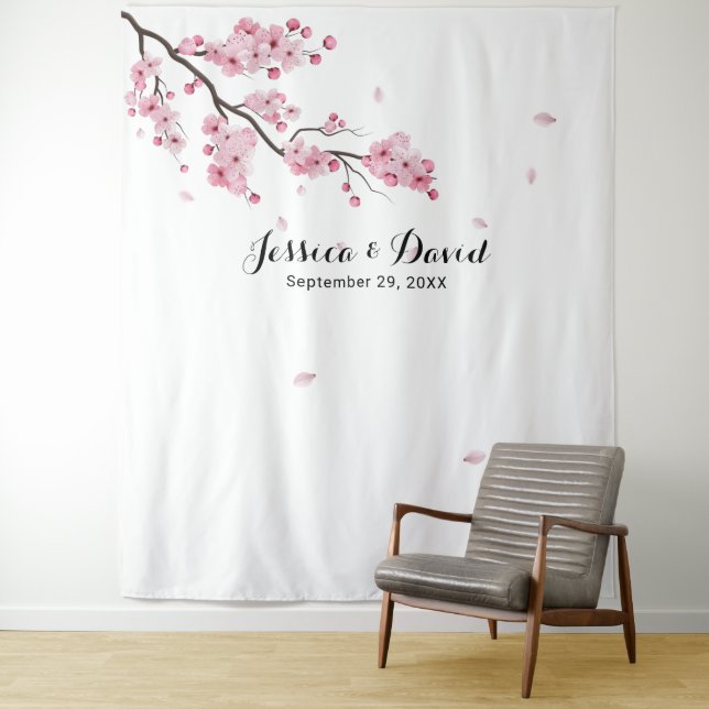 Cherry Blossom Pink Floral Wedding Backdrops Tapestry (In Situ)