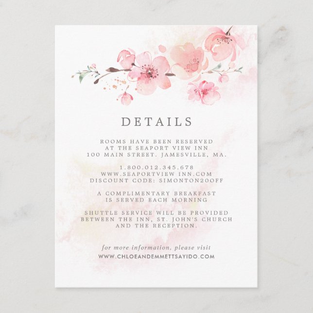Cherry Blossom Pink Floral Wedding Guest Details E Enclosure Card (Front)