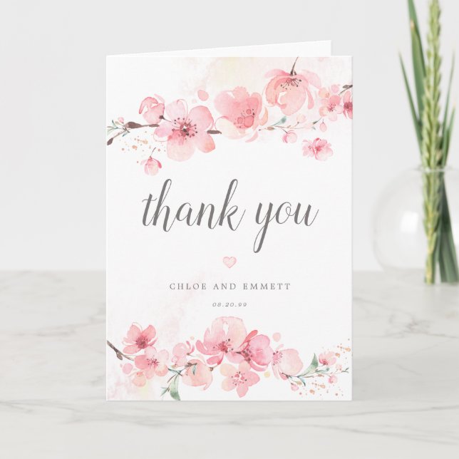 Cherry Blossom Pink Floral Wedding Thank You Card (Front)