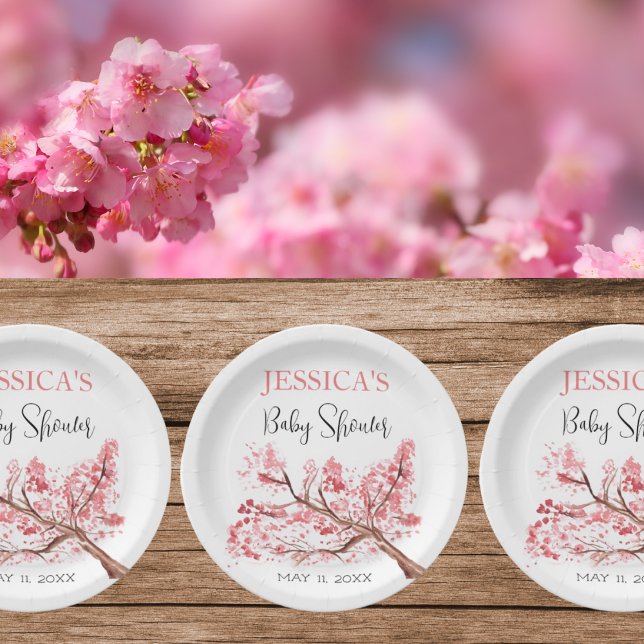 Cherry Blossom Pink Flowers Baby Shower Girl Paper Plate (Creator Uploaded)