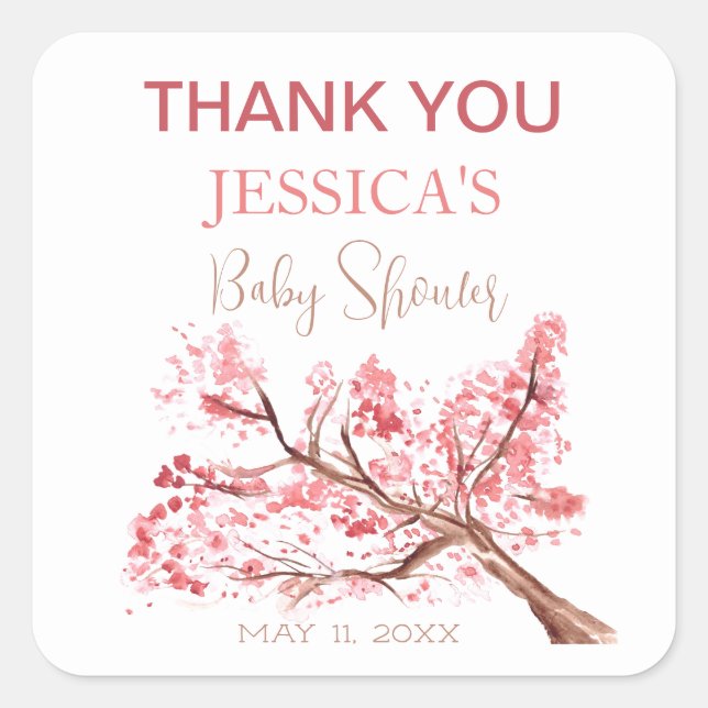Cherry Blossom Pink Flowers Baby Shower Girl Square Sticker (Front)