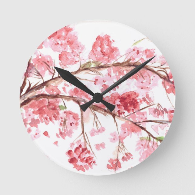 Cherry blossom pink flowers floral painting round clock (Front)