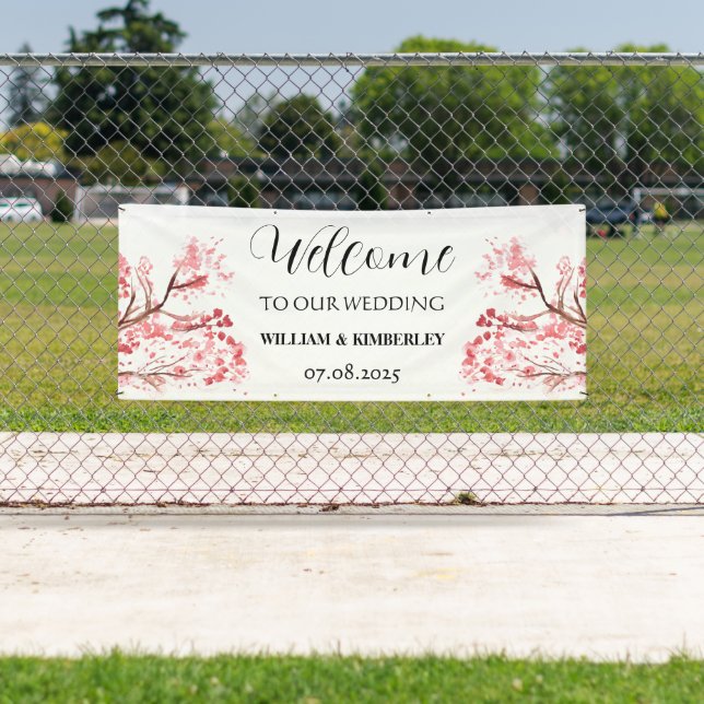 Cherry Blossom Pink Flowers Rustic Elegant Wedding Banner (Insitu)