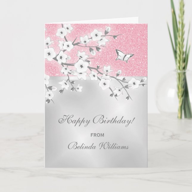 Cherry Blossom Pink Glitter Silver Custom Birthday Card (Front)