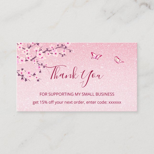 Cherry Blossom Pink Glitter Thank You  Business Card (Front)