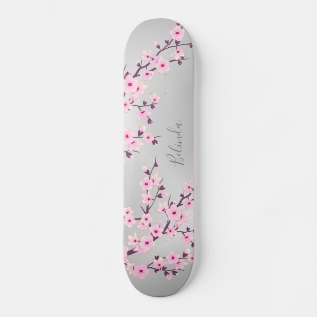 Cherry Blossom Pink Gray Asia Floral Monogram Skateboard (Front)