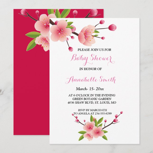Cherry Blossom Pink green  floral Baby Shower Invitation (Front/Back)