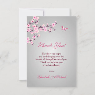 Cherry Blossom Pink Grey Baby Shower Thank You Card