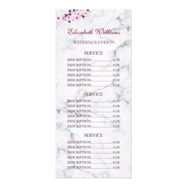 Cherry Blossom Pink Grey Marble Service Prices Rack Card (Front)