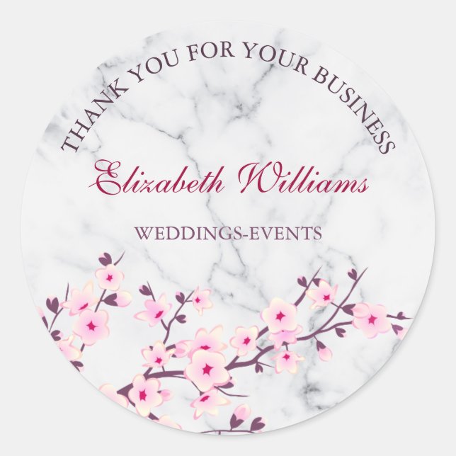 Cherry Blossom Pink Grey Marble Thank You Classic Round Sticker (Front)