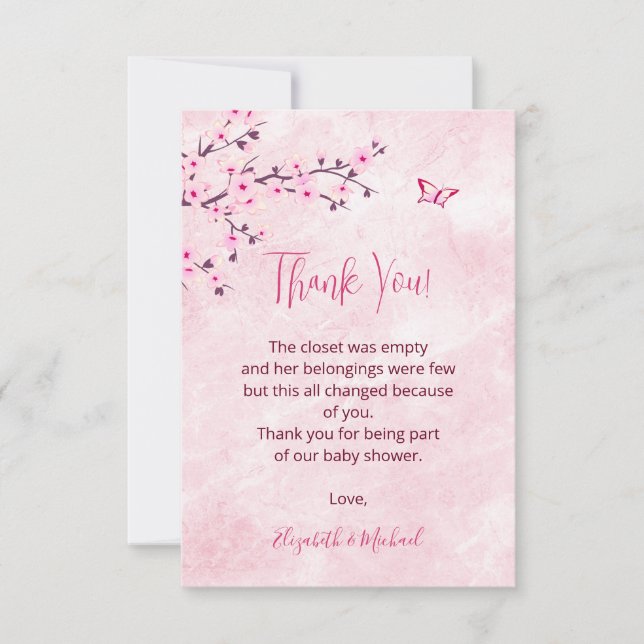 Cherry Blossom Pink Marble Baby Shower Thank You  Card (Front)