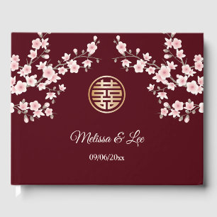 Cherry Blossom Pink Maroon Chinese Wedding Guest Book