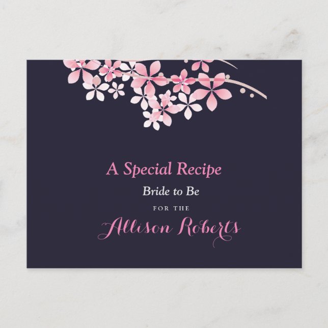 Cherry Blossom Pink navy  Bridal Shower Recipe Postcard (Front)