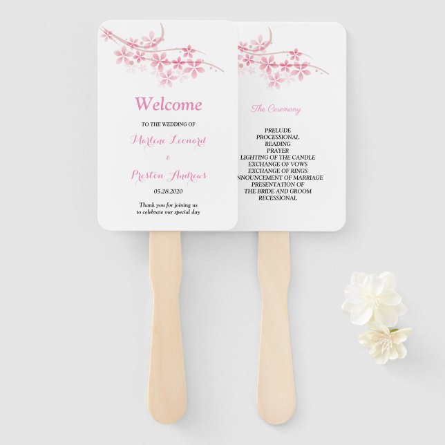 Cherry Blossom Pink navy flora Wedding Program Hand Fan (Front and Back)