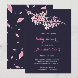 Cherry Blossom Pink navy   floral Baby Shower Invitation