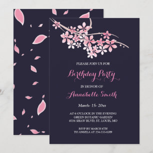 Cherry Blossom Pink navy   floral Birthday Party Invitation