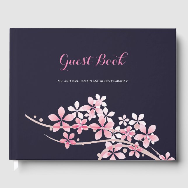 Cherry Blossom Pink navy  floral  Wedding guest Guest Book (Front)