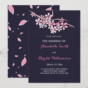 Cherry Blossom Pink navy floral  Wedding Invitation