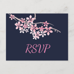 Cherry Blossom Pink navy RSVP Invitation Postcard