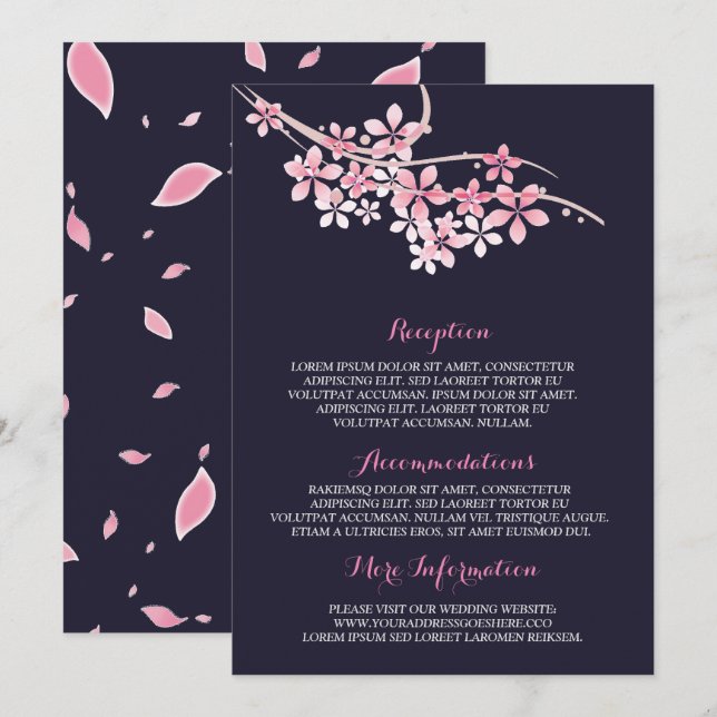 Cherry Blossom Pink navy Wedding Information Guest Invitation (Front/Back)