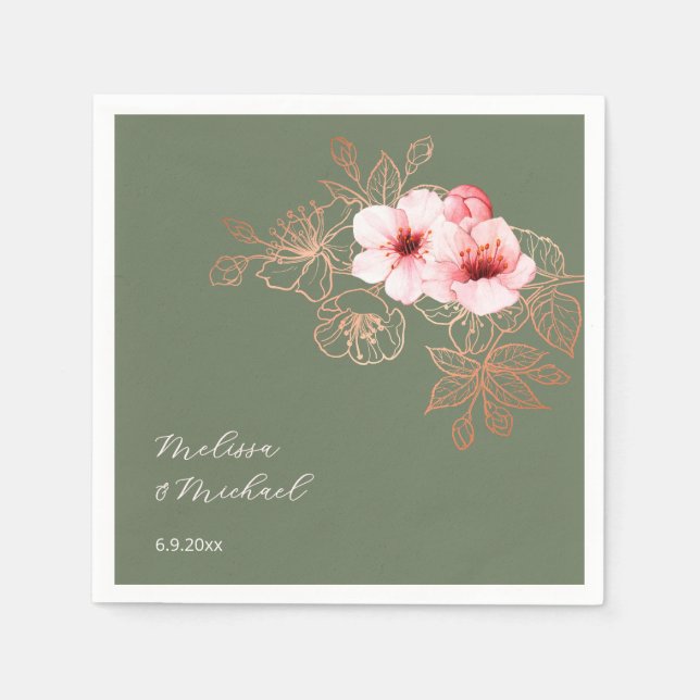 Cherry Blossom Pink Sage Green Wedding Napkin (Front)