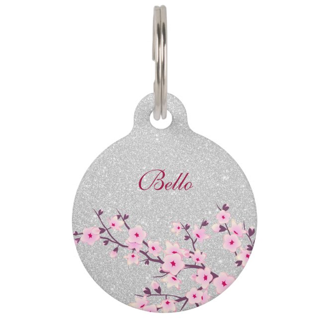 Cherry Blossom Pink Silver Glitter Name Address Pet Tag (Front)