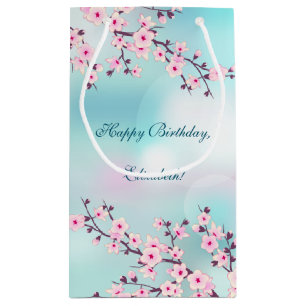 Cherry Blossom Pink Turquoise Custom Birthday  Small Gift Bag