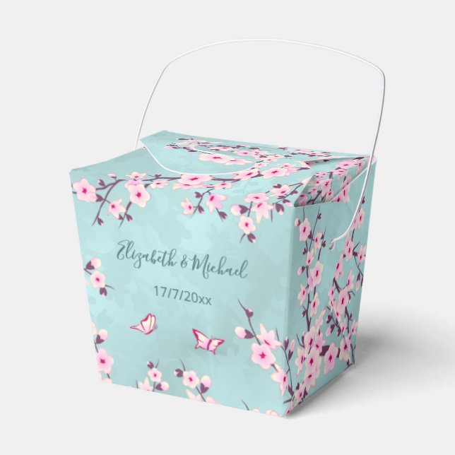 Cherry Blossom Pink Turquoise | Custom Wedding Favour Box (Front Side)