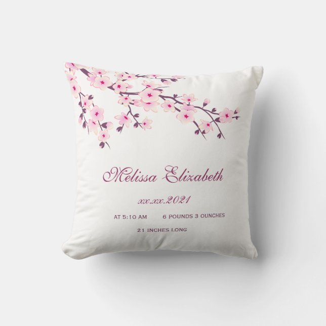 Cherry Blossom Pink White Baby Girl Birth Stats Cushion (Front)