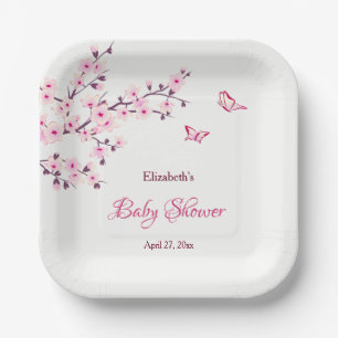 Cherry Blossom Pink White Baby Shower Paper Plate