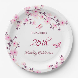 Cherry Blossom Pink White  Birthday Paper Plate